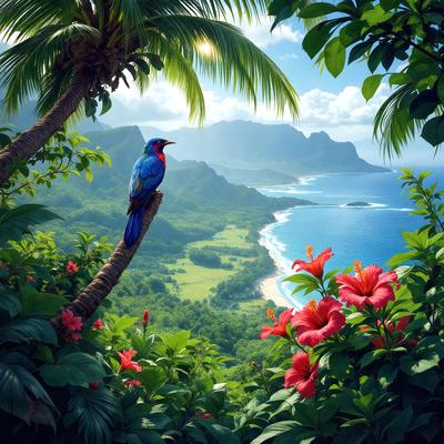 The primary subject of the image is a blue bird perched on a branch. The bird is surrounded by a lush green forest, with a beautiful view of the ocean in the background. The visual style of the image is a combination of photo and digital art, creating a vibrant and colorful scene. The dominant colors in the image are blue, green, and red, with the blue bird being the focal point of the scene. The overall atmosphere of the image is serene and picturesque, showcasing the beauty of nature